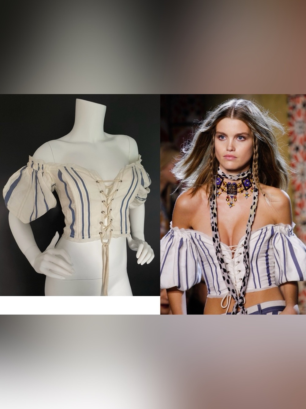 ROBERTO CAVALLI Vintage S/S 2017 Crop Navy Stripe Off Shoulder Lace Up Top 44IT